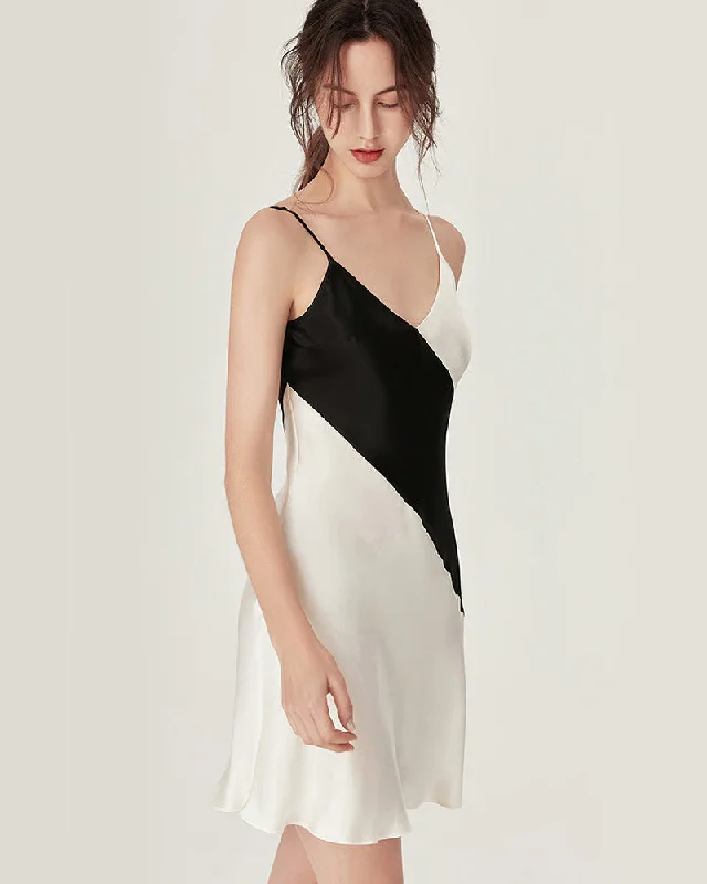 Dresses for garden parties -22 Momme V-neck Black White Short Silk Dress