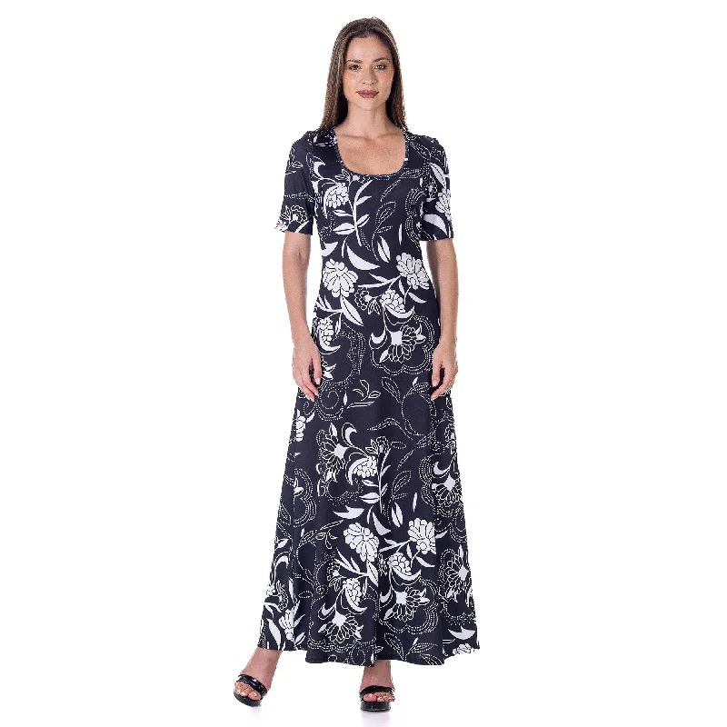 Short sleeve dresses -24seven Comfort Apparel Womens Black and White Elbow Sleeve Casual A Line Maxi Dress