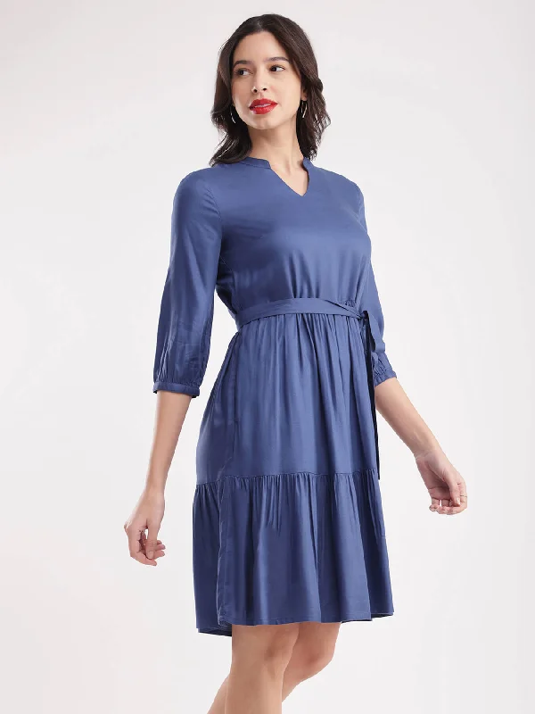 Off-shoulder cocktail party dresses -A-Line Tiered Dress - Blue