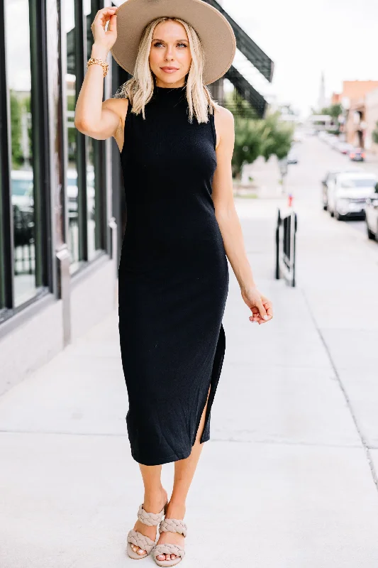 Formal evening dresses with train -Above All Else Black Ribbed Midi Dress