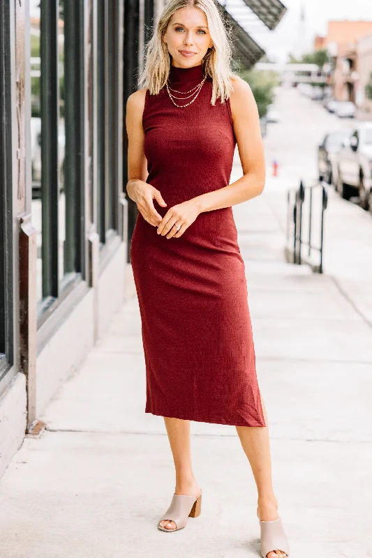 Dresses with pleats for women -Above All Else Brick Red Ribbed Midi Dress