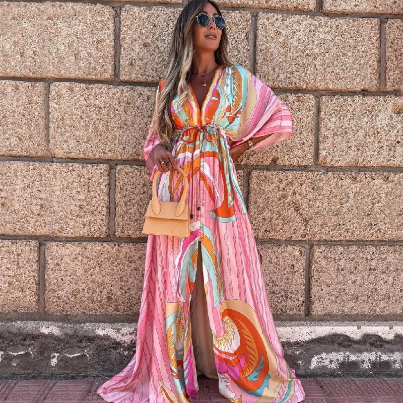 Prom and cocktail dresses -Abstract Print Belted Button Down V Neck Maxi Dress - Pink