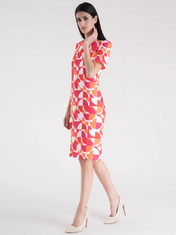 Formal dresses with sheer details -Abstract Print Shift Dress - Fuchsia and Orange