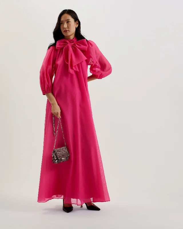 Cocktail party dresses with intricate designs -Adaifi Sheer Organza Tie Neck Maxi Dress Brt-Pink