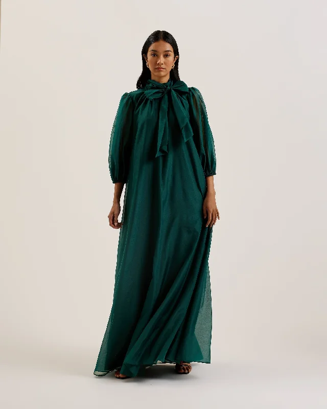 Dresses with romantic lace trims -Adaifi Sheer Organza Tie Neck Maxi Dress Dk-Green