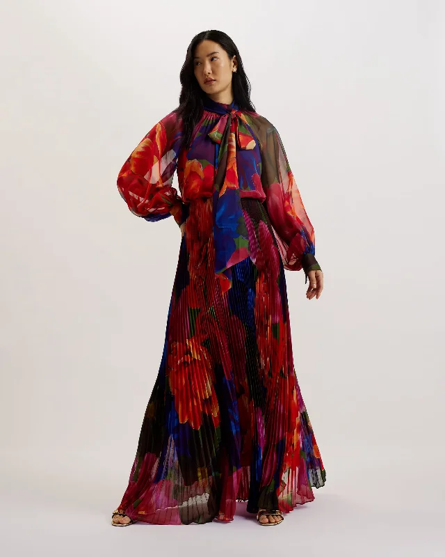 Dresses with bold prints for weddings -Adanie Floral Tie Neck Pleated Maxi Dress Multicol