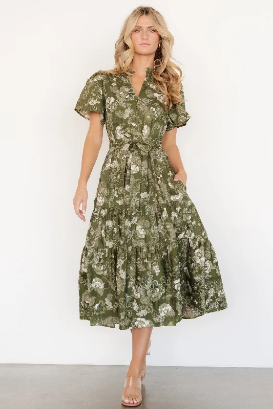 Elegant cocktail gowns -Adara Midi Dress | Olive Floral