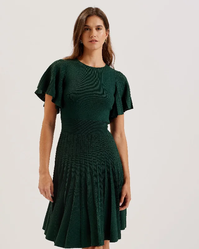 Sleek and simple dresses -Alenha Knitted Angel Sleeve Mini Dress Dk-Green