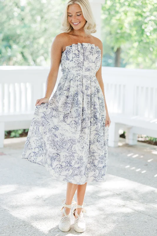 Comfortable evening dresses -All About You Blue Toile Midi Dress