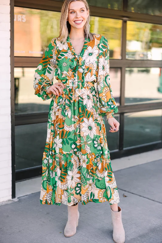 Casual dresses for work -All For You Green Floral Midi Dress