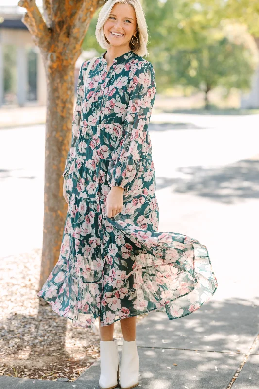 Bridesmaid dresses with floral prints -All I Could Want Hunter Green Floral Midi Dress