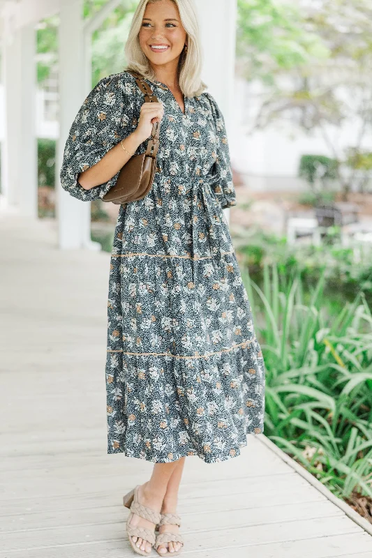 Formal dresses for black tie events -All So Serious Black Floral Midi Dress