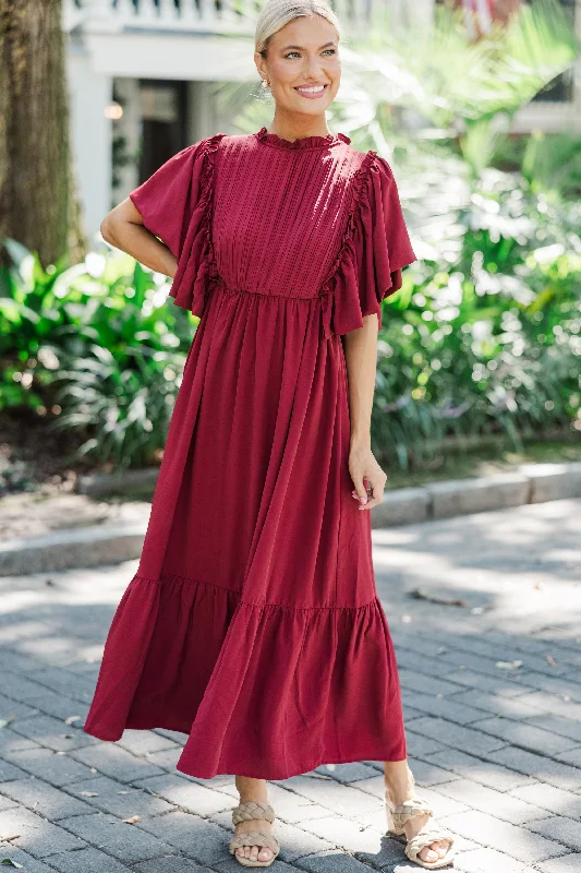 Lace dresses for weddings -All The Good Burgundy Red Ruffled Midi Dress