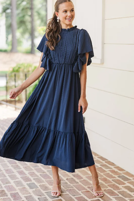 Dresses for special occasions with sequins -All The Good Navy Blue Ruffled Midi Dress