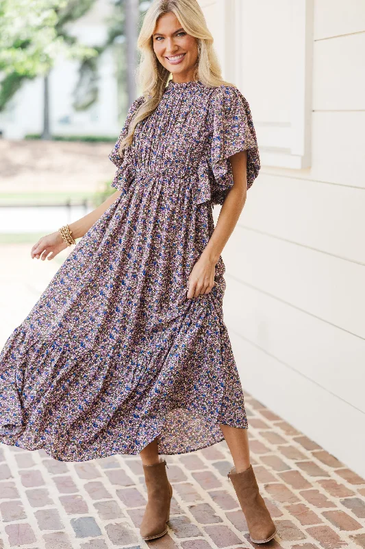 Dresses for vacation parties -All The Good Plum Ditsy Floral Ruffled Midi Dress