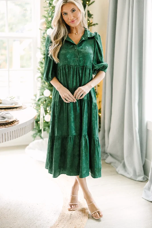 Off-shoulder party dresses -All The Love Emerald Green Floral Satin Midi Dress