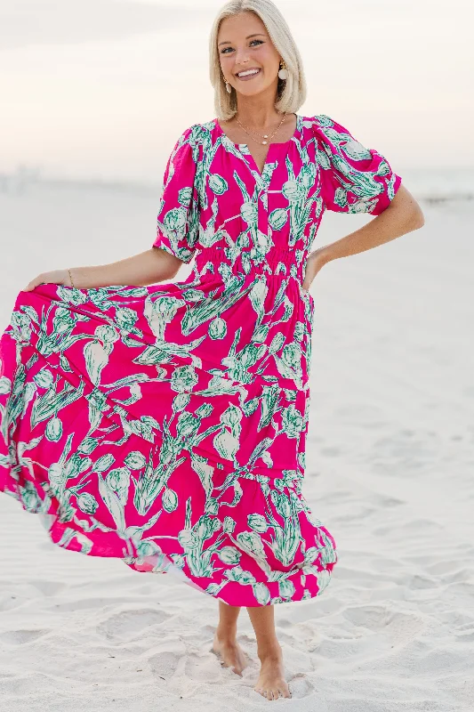 Floral printed maxi dresses -All You Hot Pink Floral Midi Dress