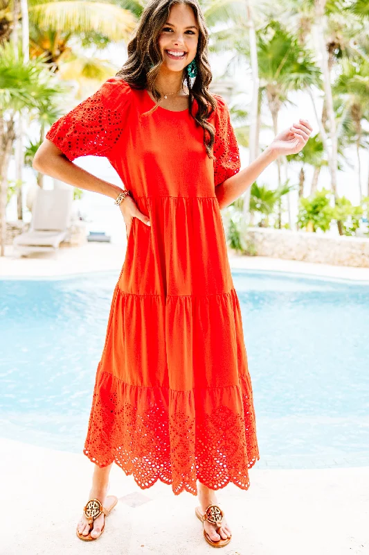 Dresses for destination weddings -All You Need To Know Red Eyelet Midi Dress