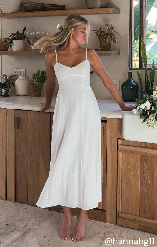 Chic maxi dresses for vacation -Allegra Midi Dress ~ White Linen