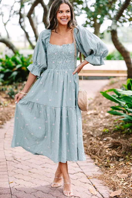 Elegant beach dresses -Always With You Sage Green Embroidered Midi Dress