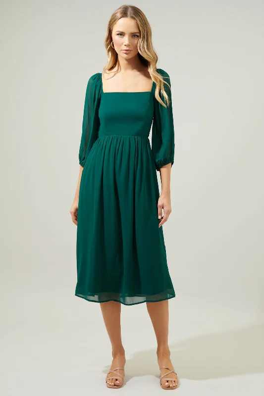 Casual dress for work -Amaretto Puff Sleeve Midi Dress