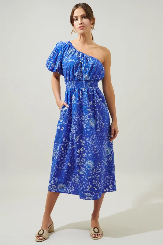 Dresses with detailed fabric designs -Amaya Mixed Print Bridgette One Shoulder Midi Dress