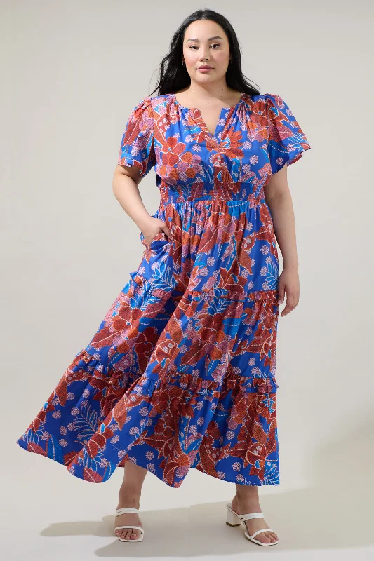 Trendy formal dresses -Amazonia Blue Floral Palmer Poplin Tiered Maxi Dress Curve