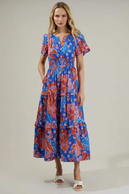 Stretch dresses for women -Amazonia Blue Floral Palmer Poplin Tiered Maxi Dress