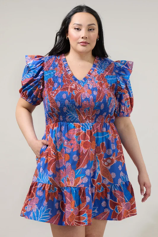 Dress for romantic dinner -Amazonia Blue Leones Smocked Mini Dress Curve