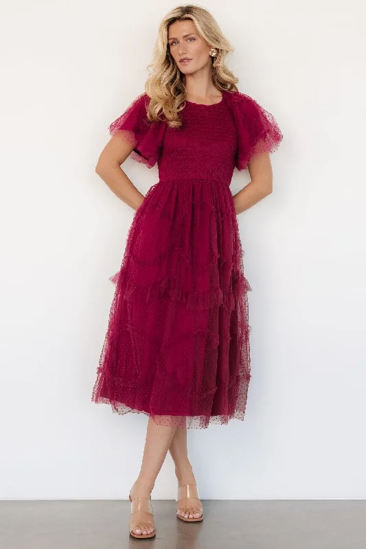 Dresses with adjustable straps -Ambrose Dotted Tulle Midi Dress | Burgundy