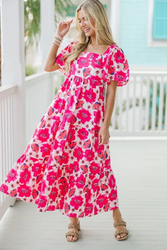 Chic dresses for work -Answer The Call Hot Pink Floral Midi Dress