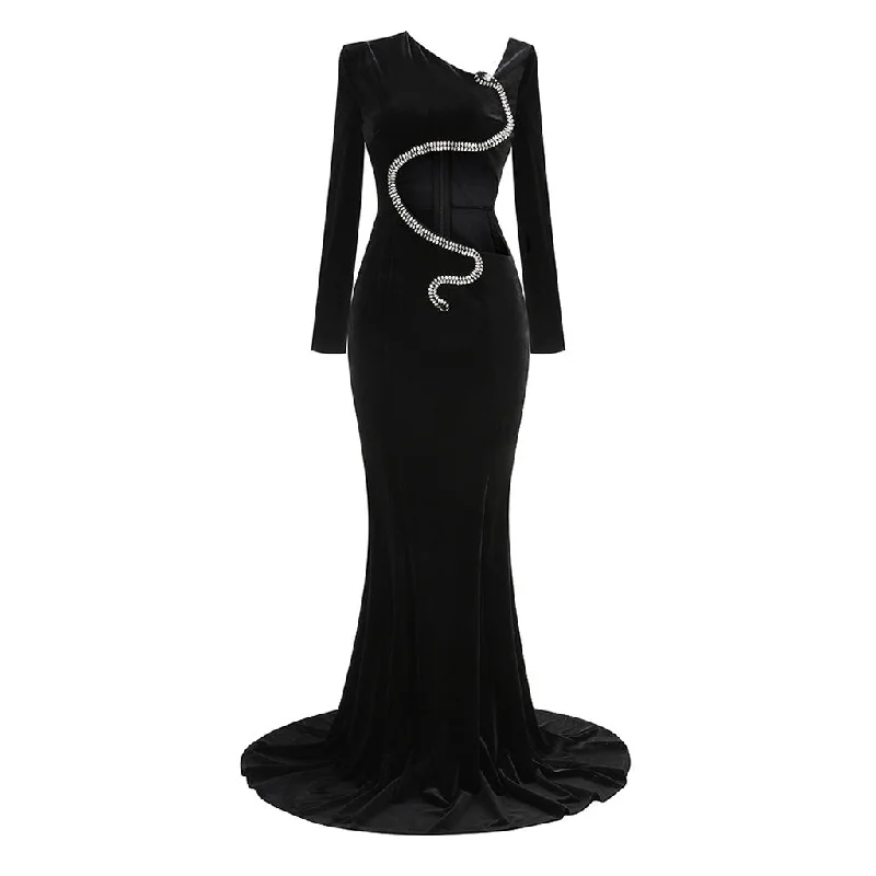 Glamorous evening gowns -Asymmetric Cutout Crystal Snake Padded Shoulder Velvet Fishtail Maxi Dress