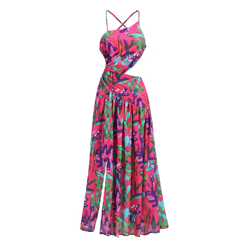 Casual party dresses -Asymmetrical Gathered Cutout Floral Print High Split Backless Slip Maxi Dress