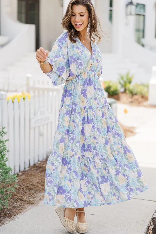 Elegant long dresses -At This Time Light Blue Floral Midi Dress