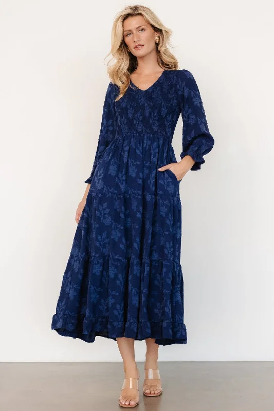 Prom and cocktail dresses -Aubrey Smocked Midi Dress | Navy Floral