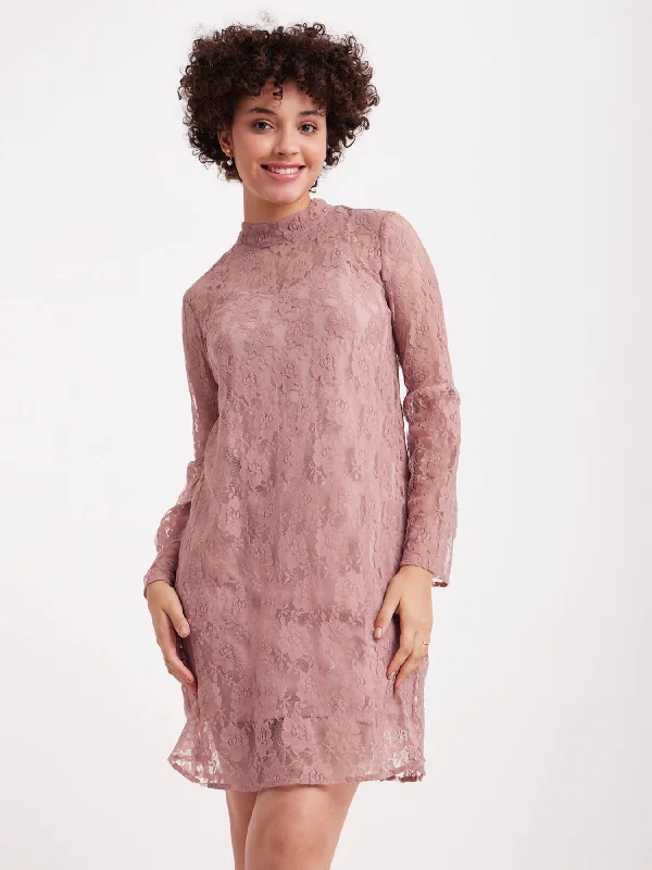 Dresses with floral lace -Band Neck Lace Dress - Dusty Pink