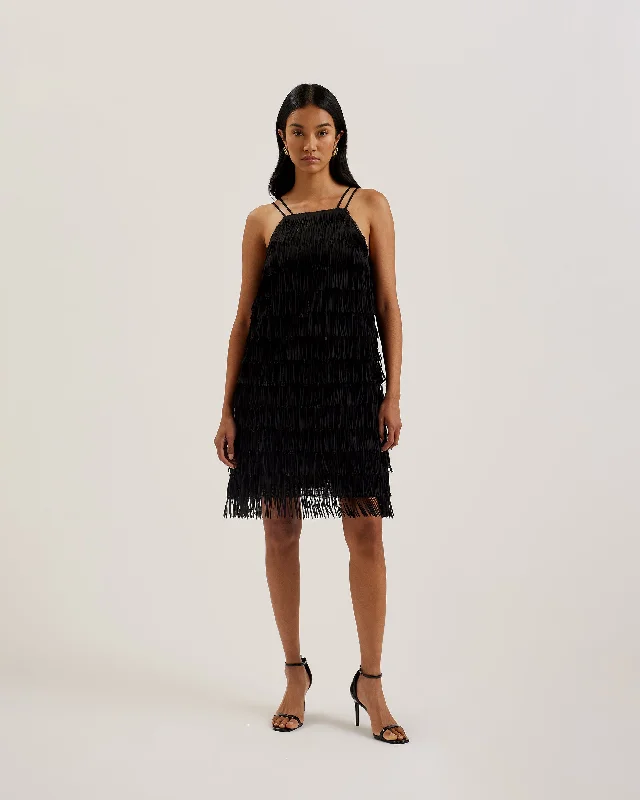 Vintage floral dresses for weddings -Bartin Fringe Halter Neck Mini Dress Black