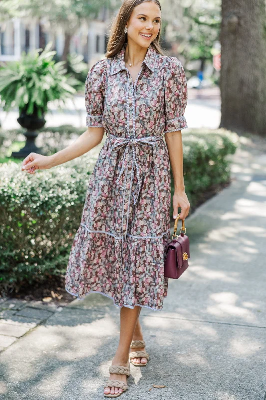 Dresses for formal gatherings -Be With Me Brown Ditsy Floral Midi Dress