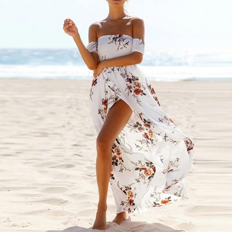 Comfortable beach dresses -Beach Floral Print Dresses Sexy Chiffon Maxi Dress