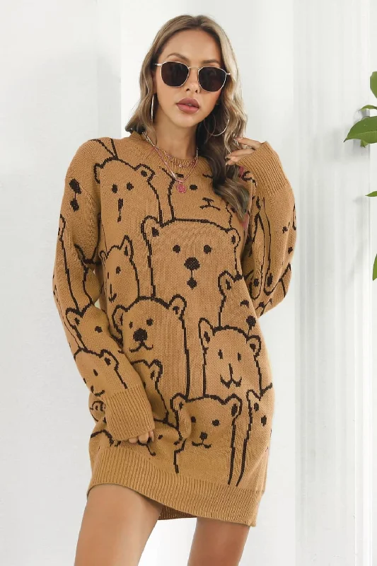 Dresses for stylish vacations -Bear Pattern Round Neck Sweater Dress