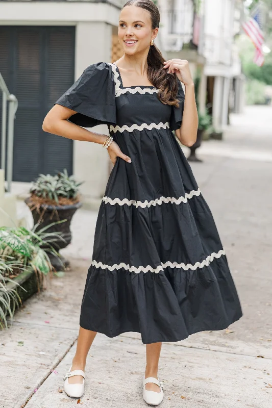 Trendy black dresses for evening -Better Than You Know Black Rickrack Midi Dress