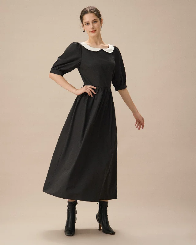 Chic maxi dresses for vacation -Black Contrasting Puffed Sleeve Maxi Dress