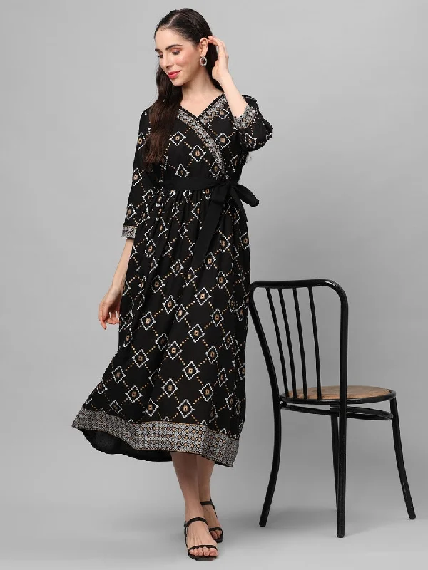 Cheap dresses for women -Black Geometric Printed Dress