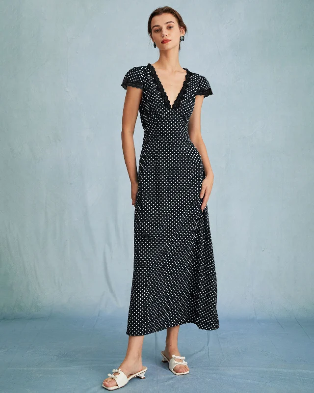 Dresses with adjustable straps -Black Polka Dot V Neck Maxi Dress