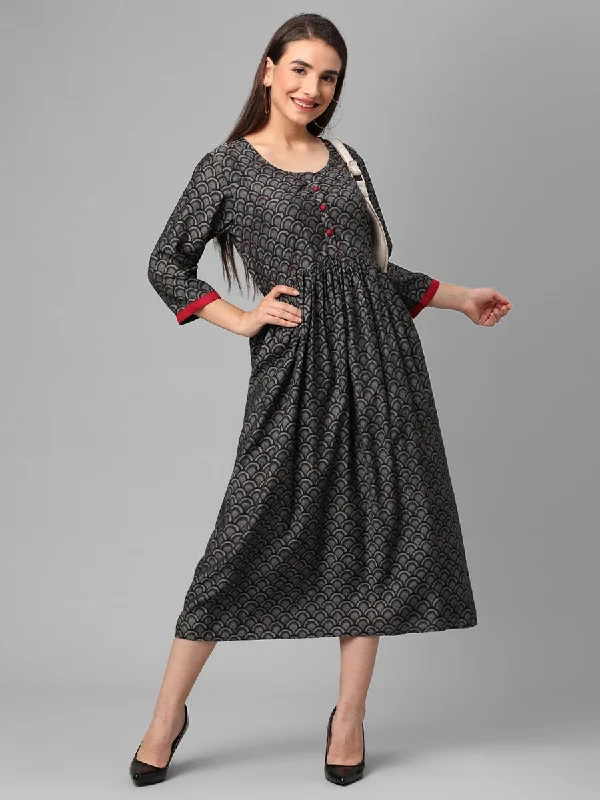 A-line summer dresses -Blackish Grey Abstract Printed Dress