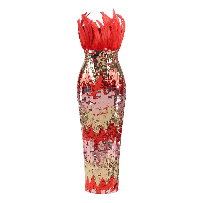 Classic casual dresses -Blazing Faux Feather & Sequin Embellished Sheath Tube Maxi Formal Dress