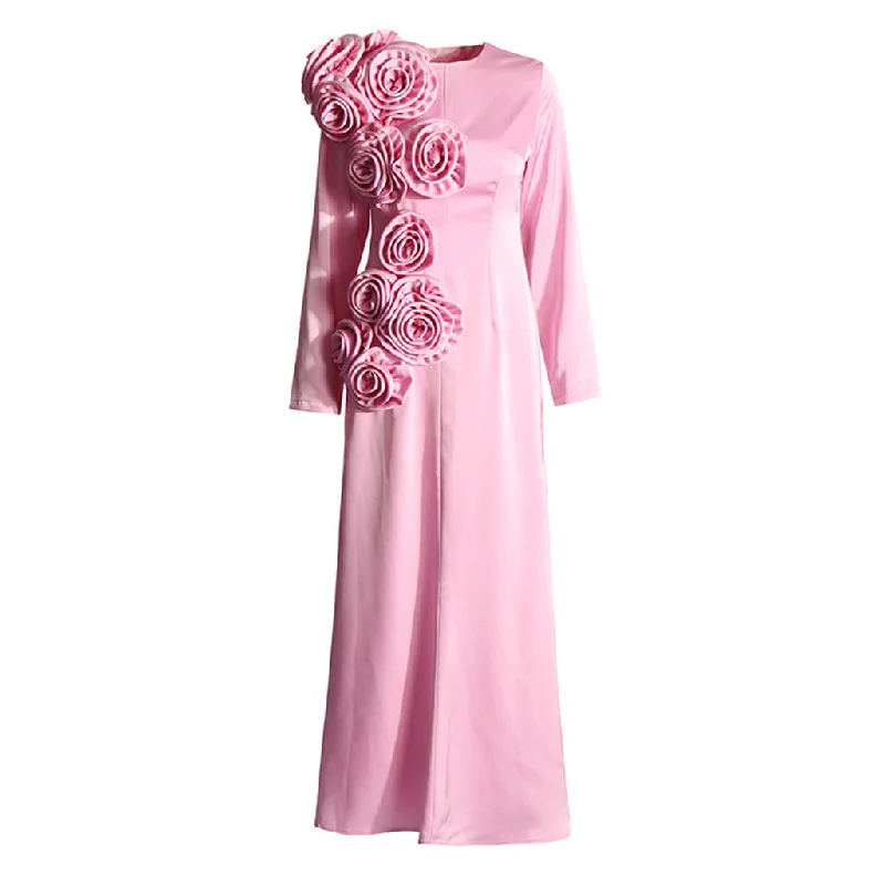 Dresses for fall weddings -Blooming Rosette Crew Neck Long Sleeves Satin Fishtail Gown Maxi Dress