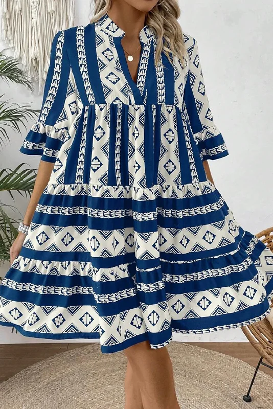 Fashionable wedding guest dresses -Blue Geometric Print V Neck Ruffled Dress