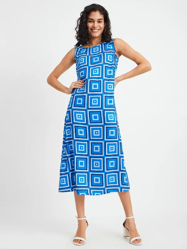 Fashionable wedding guest dresses -Boat Neck A-Line Dress - Blue And Black