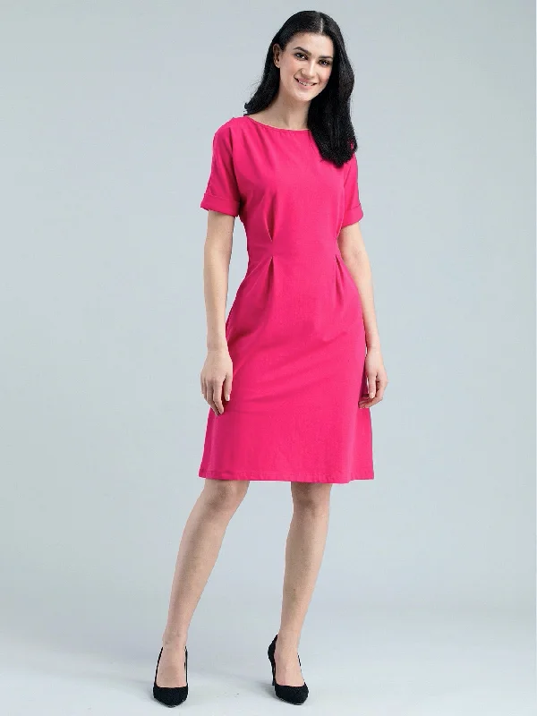 Trendy wedding guest attire -Boat Neck Drop Shoulder Knitted Fit & Flare Dress - Pink